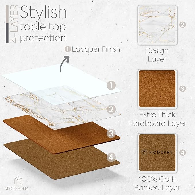 Set of 4 Heat Resistant Cork Placemats for Dining Table with Free Set of 4 Matching Drink Coasters Marble Design 16 x 12 Inches Cork Backed Hard Placemats (Foiled Gold) - Image 3