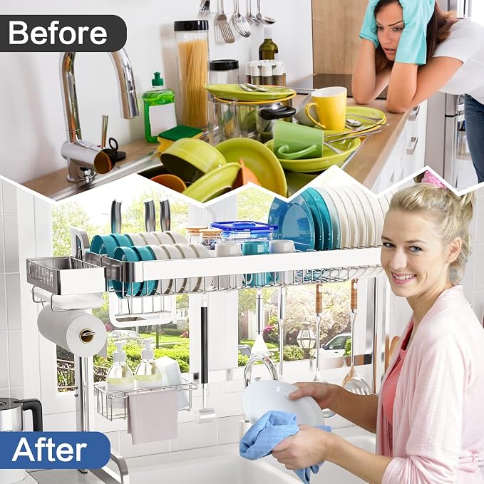 LIVOD Over The Sink Dish Drainer Drying Rack, 2 Tier Full Stainless Steel Storage Adjustable Length Kitchen Rack, Multifunctional Expandable Counter Organizer, Space Saver Dish Rack - Image 7