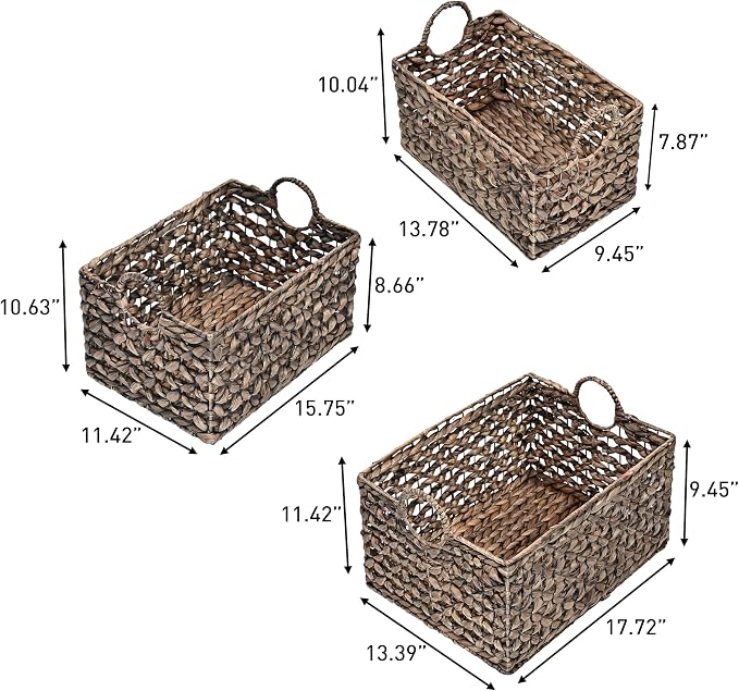 happimess Quinn Storage Baskets 3-Piece Hyacinth Rectangular 18", Brown | Hand-Woven Wicker Organizers, Durable Iron Metal Frame, Integrated Handles, Bohemian Cottage Decor For Nursery - Image 2