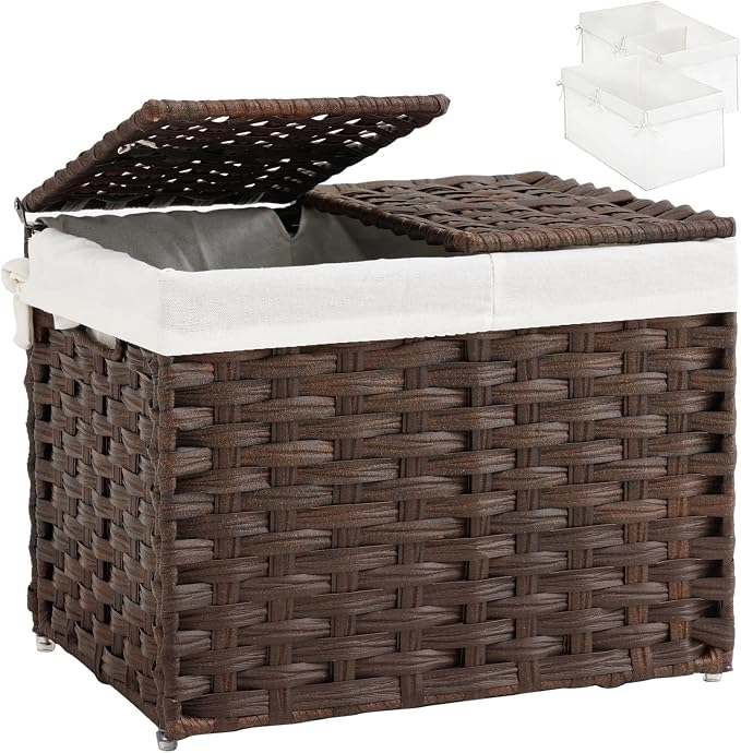 SETVSON Storage Basket with Lid, 2-Lid PE Rattan Storage Bin, Brown | 35L Storage Bin with 2 Separate Lids, 2 Removable Liners with Divider for Clothes & Blankets, Sturdy Frame, Brown by SETVSON
