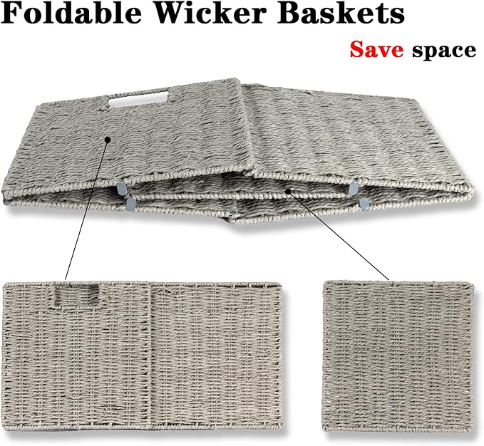 Wicker Basket, Set of 2 Hand-Woven Wicker Storage Basket, Foldable 11 inch Cube Storage Bins, Storage Baskets for Organizing Shelves, Closet Organizers and Storage Bins, Gray (11″×11″×11″) - Image 7