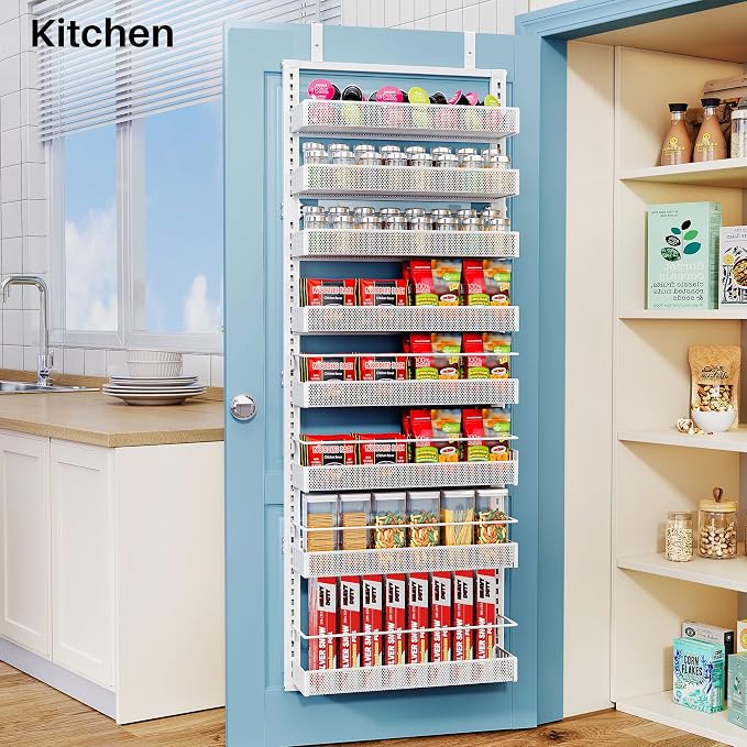 SNTD 8 Tiers Over the Door Organizer, 17" W x 6" D x 69" H, White | Pantry Door Organizers and Storage, Height Adjustable Spice Rack, Dense Mesh Baskets, Anti-Swing, Adjustable Door Fastener - Image 8