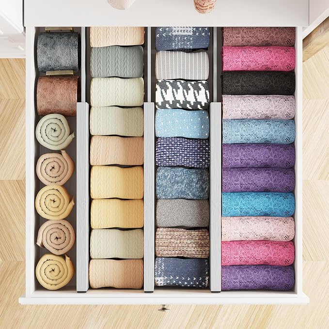 SpaceAid Bamboo Dresser Drawer Dividers 6 Pack, 4.65“ High Adjustable 12.5“-17” Drawer Organizers, Expandable Organization for Clothing, Clothes, Dressers, Gray - Image 4
