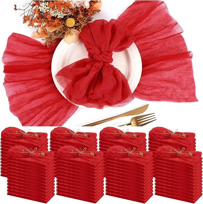 100 Pieces Cloth Napkins Red Dinner Cheesecloth Napkins for Wedding,Wrinkled Cloth Napkins Bulk for Home Party Rustic Table Decoration, 17 x 17 Inch by Teruntrue