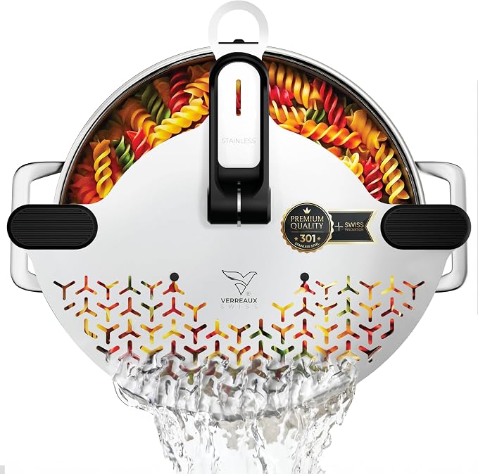 Kitchen Strainer & Pot Drainer Clip-On Stainless Steel Colander for Pots & Pans (6.5-9.5 in / 16-24 cm) | Universal Fit Pasta & Noodle Strainer | Hands-Free Swiss Design, Dishwasher-Safe by VERREAUXSWISS