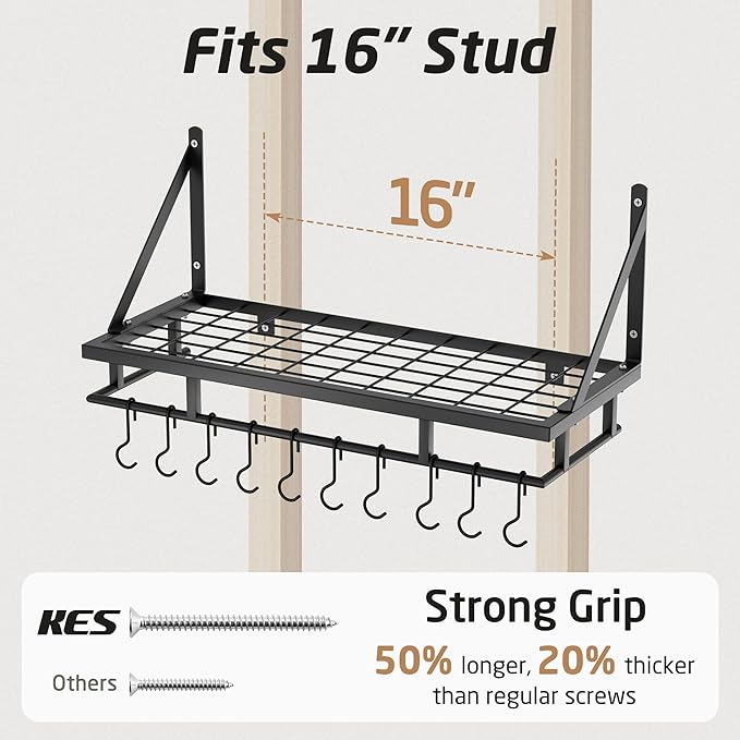 KES 24 Inch Kitchen Pot Pan Rack Wall Mounted, 10 Hooks, Matte Black | 88lbs Load Capacity, Heavy Duty, Cast Iron Pots and Pans Organizer, Hanging Storage, Wall Shelf, Space Saving, KUR215S60-BK - Image 5
