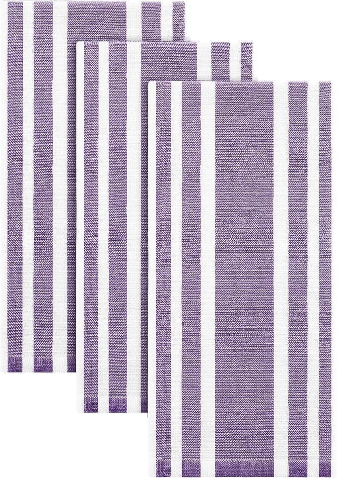 Homaxy Premium Cotton Stripe Kitchen Towels 3 Pack, 18"x 28", Purple | Large 380 GSM Kitchen Hand Towels, Soft Terry Dish Towels, Highly Absorbent Tea Towel Set with Hanging Loop by Homaxy