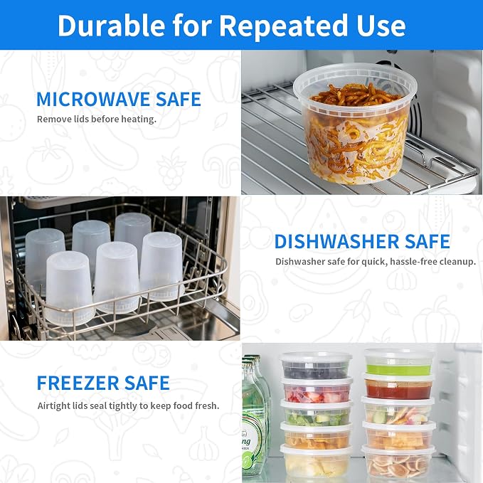 Plastic Deli Containers with Lids, 240 Sets 32 oz Leakproof Soup Cups | Complete Sets With Matching Lids, BPA Free PP Material, Leakproof Seal, Microwave & Freezer Safe, Stackable Meal Prep Vessels - Image 4