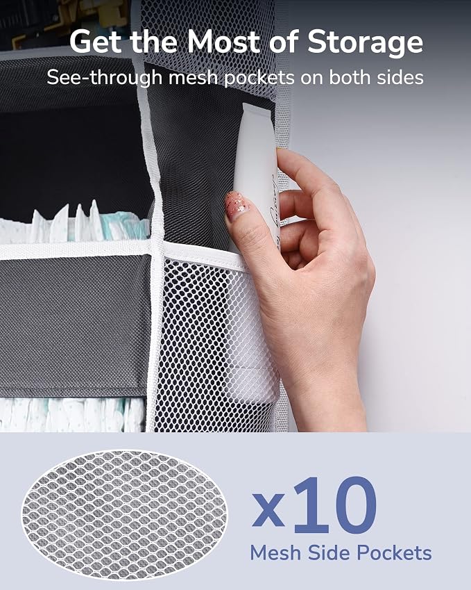 ULG 1 Pack Over Door Organizer with 5 Large and 10 Mesh Side Pockets, 44 lbs Weight Capacity Hanging Storage with Clear Window Kids Toys, Shoes, Diapers, Dark Grey, 5 Layers - Image 6