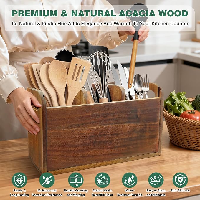 Kitchen Utensil Holder for Countertop with 3 Compartments，Acacia Wood Utensil Holder Cooking Spatula Organizer Large Cutlery Organizer for Kitchen Countertop Farmhouse Kitchen Decor - Image 3