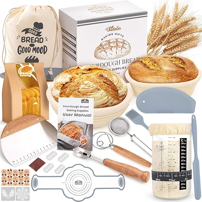 Sourdough Starter Kit, Sourdough Bread Baking Supplies, Bread Proofing Basket, Sourdough Kit for Modern Home and Kitchen, Sourdough Bread Basket, Sour Dough Kit Tools, Bread Making Tools Kit | Gray, 9" Round & 10" Oval Baskets, Sourdough Bread Baking S... by Unknown