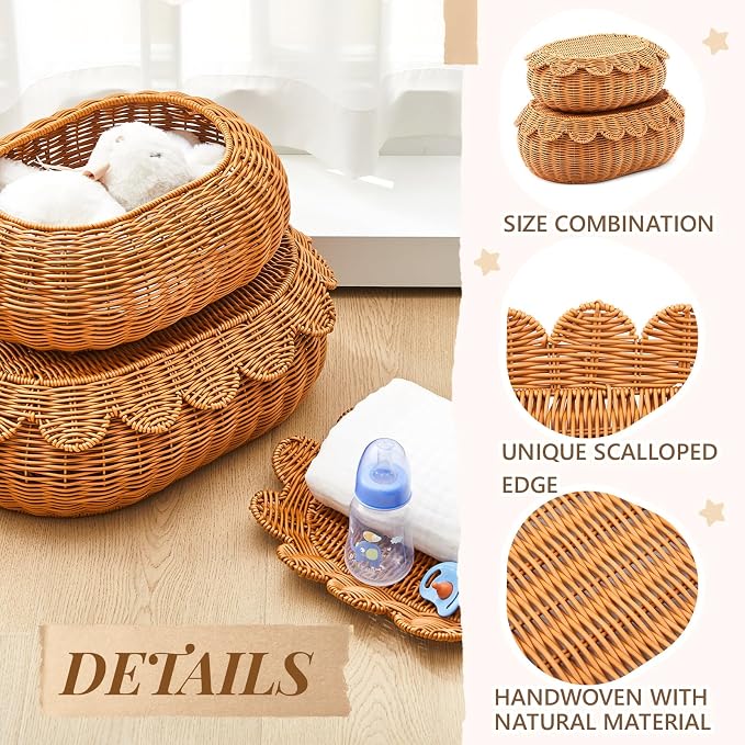 2 Pcs Scalloped Rattan Baskets, Baby Diaper Caddy, Imitation Woven Rattan Wicker Storage Baskets Plastic with Lid for Nursery Storage Organizer Bathroom Decor (Dark Brown,Small,Medium) - Image 5
