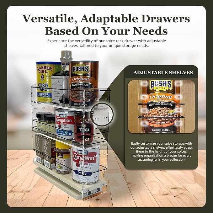 Adjustable Spice Rack Drawer - Pull Out Cabinet Organizer - Kitchen and Pantry Organizers and Storage - Spice Caddy - 1 Drawer, 2 Upper Tier (3.45" W x 11.25" H x 10.6" D, Cream) - Image 3