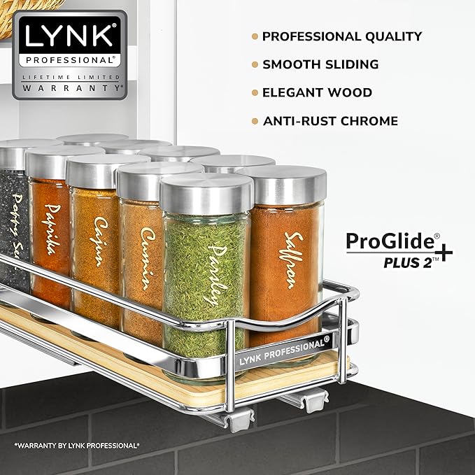LYNK PROFESSIONAL® Élite™ Pull Out Spice Organization for Cabinets - 4-3/8 inch Wide – Spice Rack for Inside Cabinets – Wood/Chrome - Sliding Spice Rack Organizer for cabinet – Spice Rack - 1 Tier - Image 2