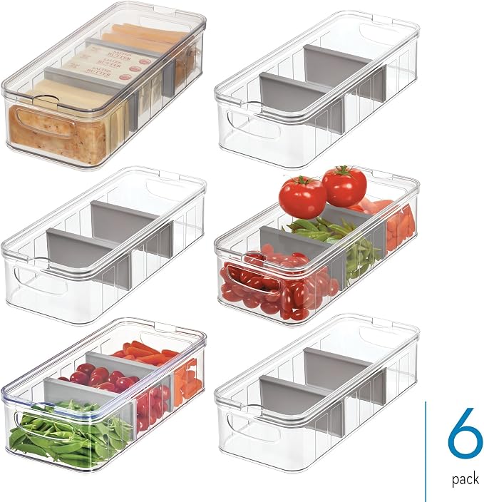 iDesign Large Fridge Organizer Bin with Removable Divider and Lid - Set of 6 - Clear/Gray - Image 2