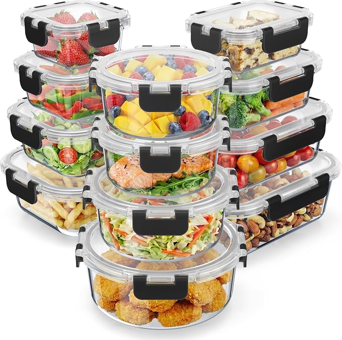 Emporio Kitchen Borosilicate Glass Food Storage Containers with Lids 24 Pieces, BPA-Free Stackable Lunch & Leftover Containers, Microwave, Freezer & Dishwasher Safe, 100% Airtight Leak-Proof, Black by Unknown
