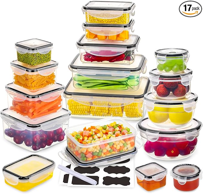 34 PCS Food Storage Containers Set with Airtight Lids (17 Lids &17 Containers) - BPA-Free Plastic Food Container for Kitchen Storage Organization, Fruit Meal-prep Containers with Labels & Marker by JSCARES