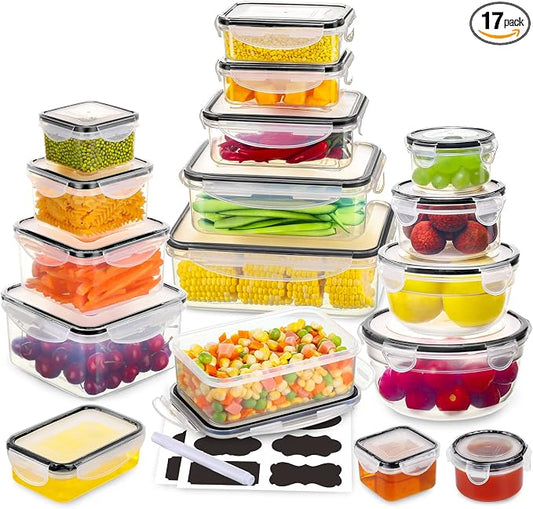 34 PCS Food Storage Containers Set with Airtight Lids (17 Lids &17 Containers) - BPA-Free Plastic Food Container for Kitchen Storage Organization, Fruit Meal-prep Containers with Labels & Marker by JSCARES