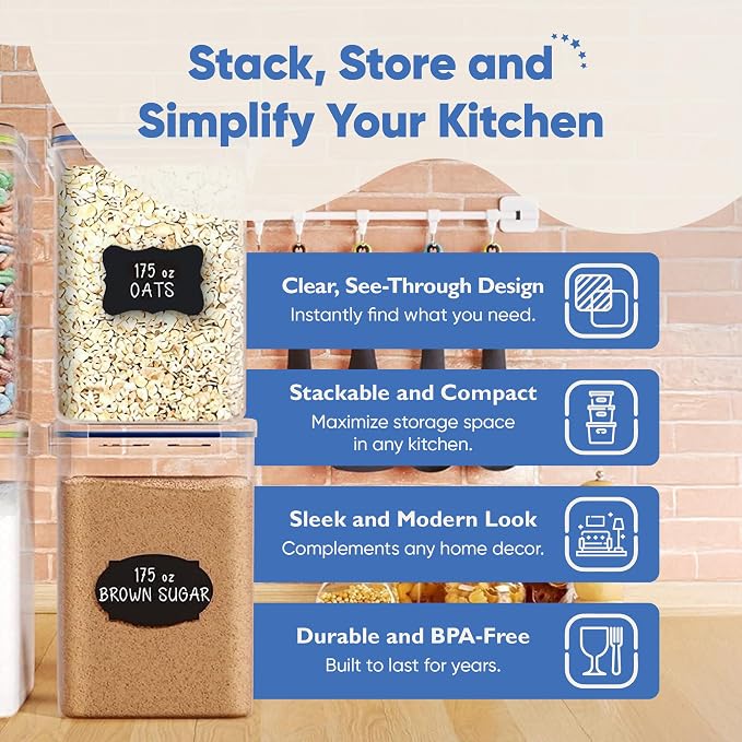 Chef's Path Kitchen Storage Box Set of 4 Extra Large Airtight Food Storage Jars for Sugar Flour Cereal Rice - Measuring Spoons, Pen and Food Preservation Labels (5.2 L) - Image 5