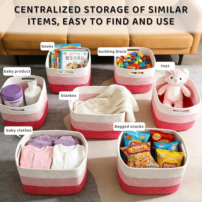 4 Pack Storage Baskets for Organizing, 11''Lx9''Wx8''H Woven Baskets for Storage Toys, Towels, Books, and Clothes, Cotton Rope Basket for Shelves with Handle - Image 6