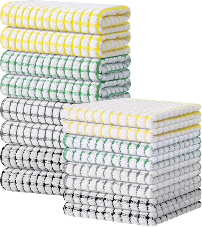 Kitinjoy Cotton 16 Pack Kitchen Towels and Dishcloths Sets, Multi-Colored | 16 x 25 Inch & 12 X 12 Inch Dish Towels Bulk, Super Soft and Absorbent hand towels for kitchen Drying by Kitinjoy