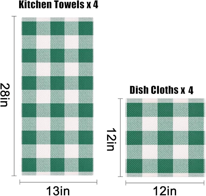 Homaxy Kitchen Towels and Dishcloths Set, Set of 8, White & Dark Green | Bulk Cotton Waffle Weave Check Plaid Kitchen Towels, Super Soft and Absorbent Dish Cloths, 12 x 12 and 13 x 28 Inches - Image 3