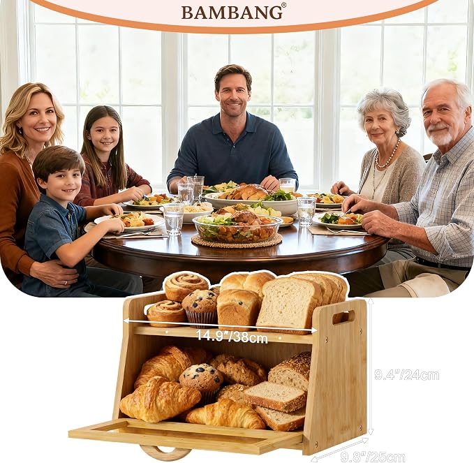 BAMBANG Extra Large Bread Box, Bread Box for Homemade Bread, Bamboo Wooden Bread Storage Container with Tool Holder & Handles & Window, Assembly Required(14.9" x 9.8" x 9.4") Natural - Image 2