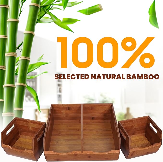 2-tier Stackable Bamboo Pantry Storage Bins, Potato & Onion Storage Baskets | Upgraded Storage Basket with Handles, Removable Divider, Pantry Organizer Holder for Kitchen, Cabinet, Fruit Storage (Walnut) - Image 4