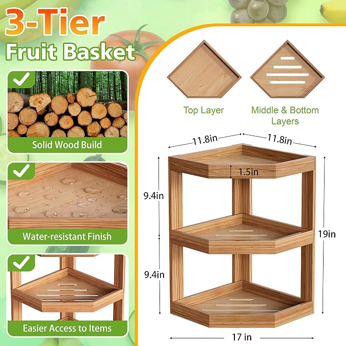 3 Tier Wooden Corner Fruit Basket Vegetable Storage Holder | Kitchen Organizer, Potato Stand, Onion Rack, For Counter & Countertop, Anti-Slip Base, Space-Saving, Long-Lasting - Image 6