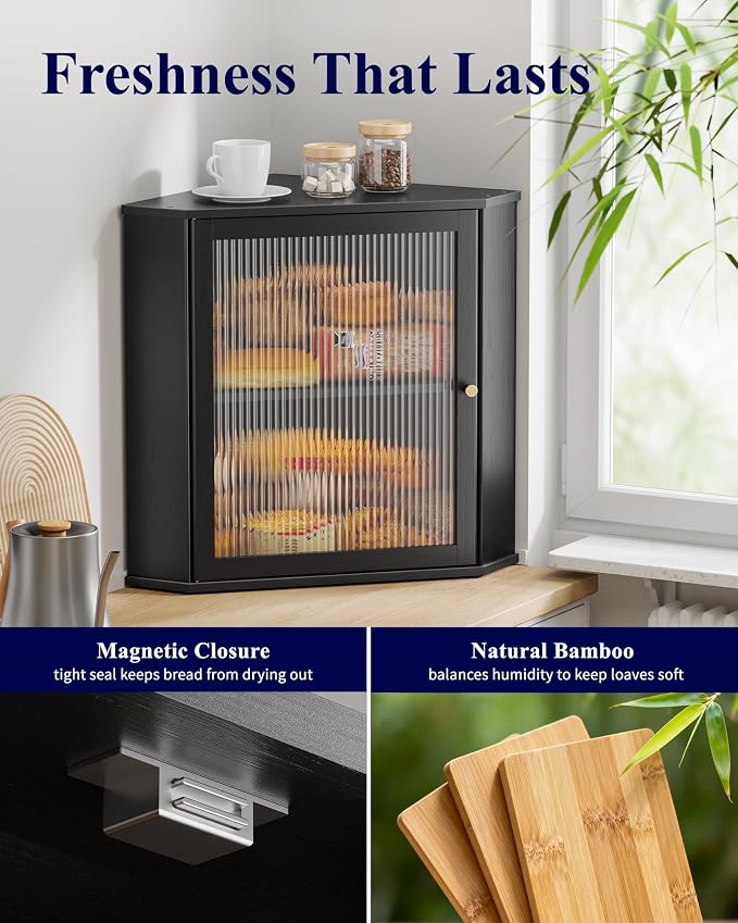Kitsure Wooden Corner Bread Box for Kitchen Countertop, Large, Black | 2-Tier Bread Container with Magnetic Acrylic Door, Kitchen Counter Organizer for Snacks, Loaves,, Homemade Bread Storage - Image 4