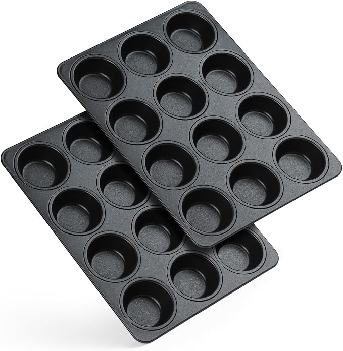E-far Nonstick Muffin Pan 12 Cups Set of 2, Stainless Steel Muffin Tin Cupcake Pan Tray for Baking, Stainless Steel Core & Non Toxic, Easy Release & Easy Clean, Black by E-far