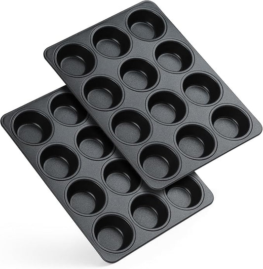 E-far Nonstick Muffin Pan 12 Cups Set of 2, Stainless Steel Muffin Tin Cupcake Pan Tray for Baking, Stainless Steel Core & Non Toxic, Easy Release & Easy Clean, Black by E-far