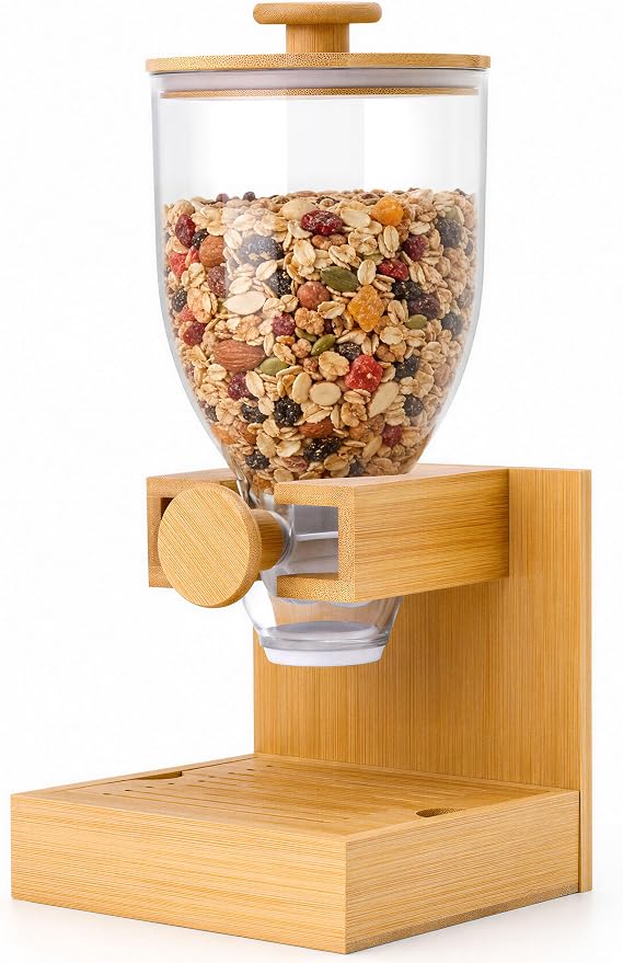Bamboo Cereal Dispenser Countertop, 2L Airtight Single Pack | Cereal Containers Storage with Stable Base, Rotary Dry Food Dispenser for Cereal, Rice, Nuts, Kitchen Pantry Organization by adorabby