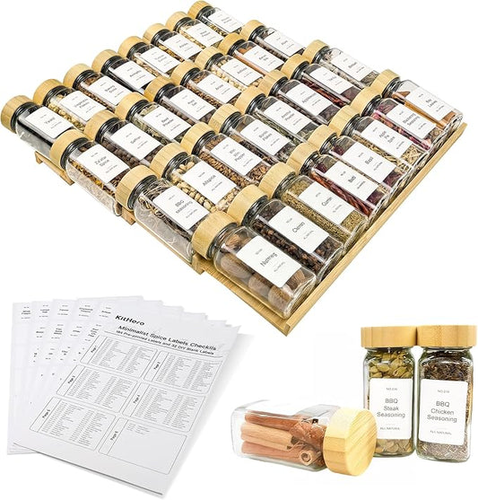 Spice Drawer Organizer with 35 Bamboo-lidded Spice Jars,216 Labels,25 Non-slip Rubber, Bamboo 4 Tier Seasoning Rack Tray Insert for Kitchen Drawers,Cabinets,Countertop,14.6" Wide x 15.8" Deep by KitHero