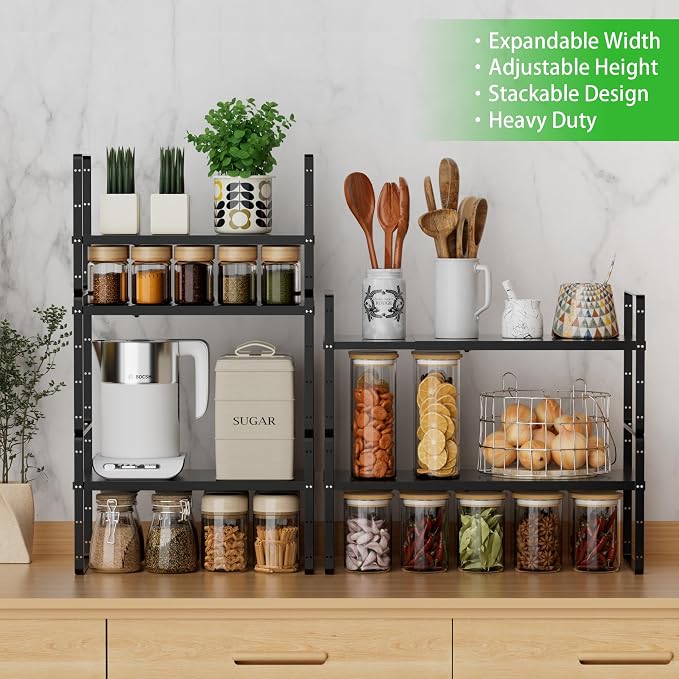 Expandable Cabinet Shelf, Stackable Organizer Rack, Black Large 2 PK | Adjustable Fit, Stackable Height Options, Nonslip Base, Larger Capacity, Cabinet/Pantry Organization - Image 2