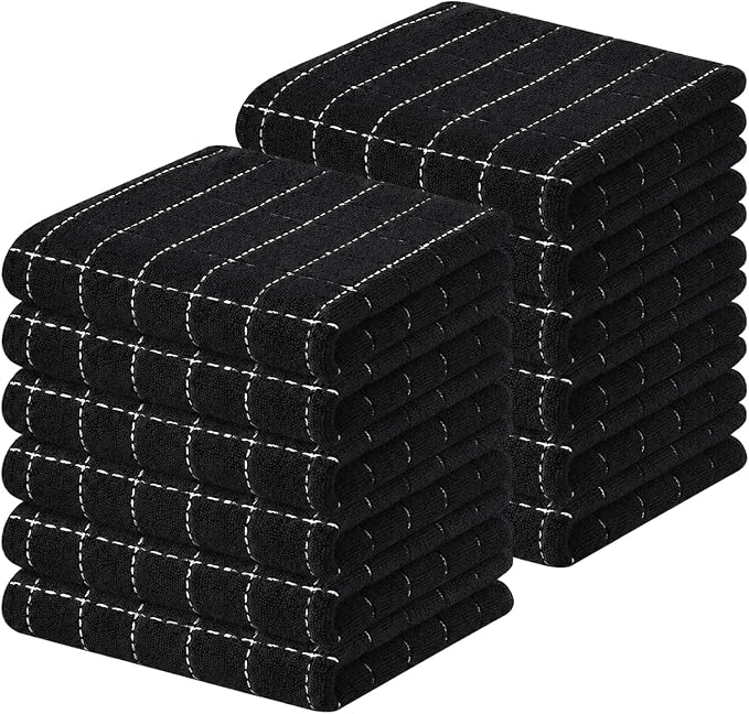 Kitinjoy 100% Cotton Terry Kitchen Towels, 13”x 28”, 12-Pack, Black | Checkered Designed, Ultra Soft Absorbent Quick Drying Dish Towels by Kitinjoy