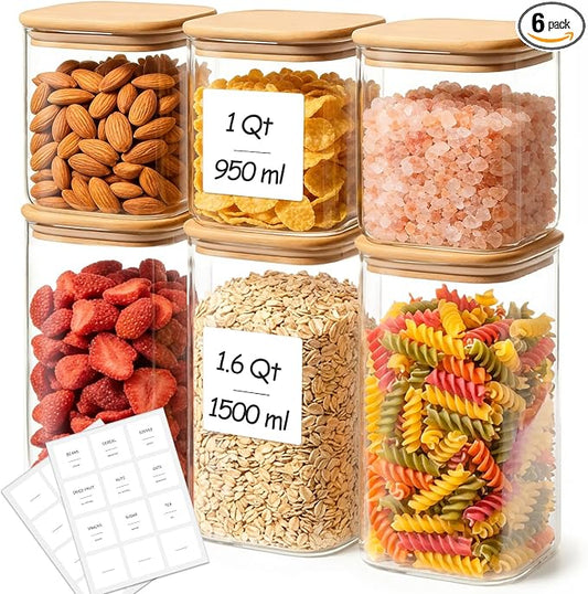 Glass Pantry Storage Containers with Lids 1/1.6 Qt 6 Pack Square | Pantry Organization, Stackable Design, Flour Sugar Coffee Beans Pasta Cereal Dry Food Storage,Kitchen Cabinet Organizer by KTMAMA