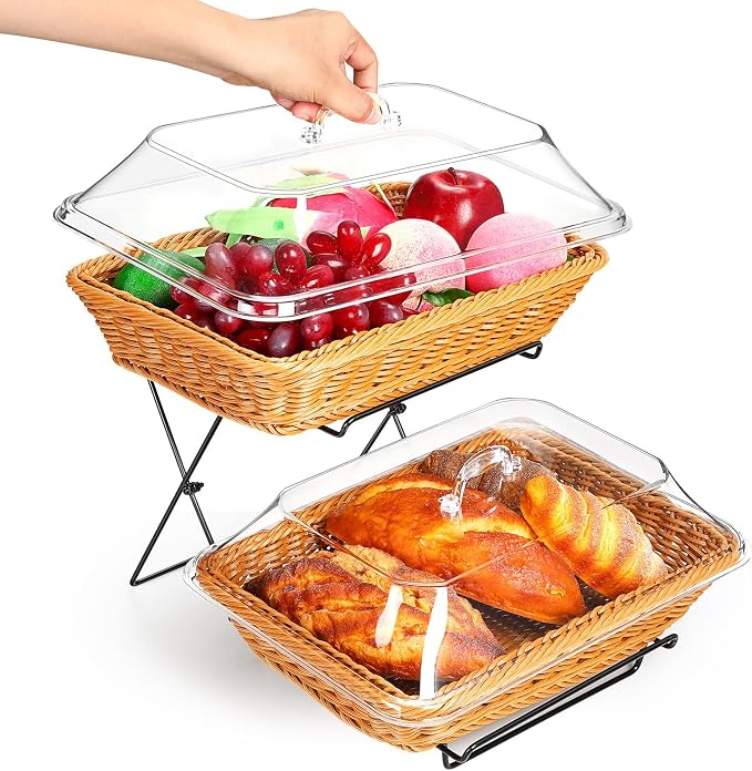 2 Pack Wicker Bread Basket for Serving, Imitation Rattan Bread Basket with Acrylic Lid and Metal Display Stand Rectangle Woven Fruit Basket with Cover for Food Display Tabletop 13.78 x 9.84'' - Image 4
