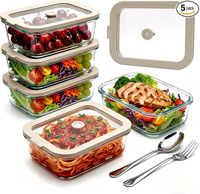 5 Pack 35 oz Glass Meal Prep Containers, Plastic-Free Glass Food Storage Containers with Lids, 4.4 Cups Airtight Glass Lunch Containers for Leftovers, Microwave, Oven, Freezer and Dishwasher by Encheng