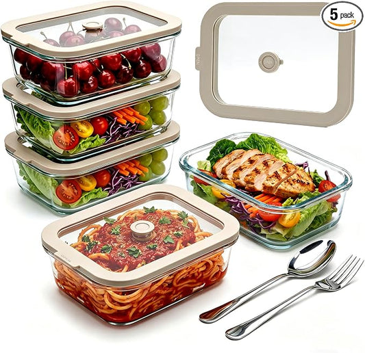 5 Pack 35 oz Glass Meal Prep Containers, Plastic-Free Glass Food Storage Containers with Lids, 4.4 Cups Airtight Glass Lunch Containers for Leftovers, Microwave, Oven, Freezer and Dishwasher by Encheng