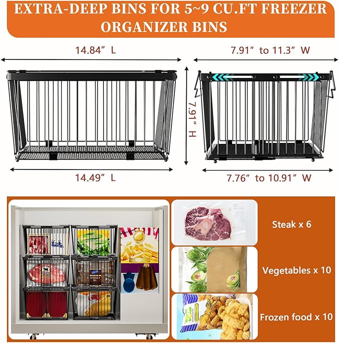 Large Freezer Organizer Bins for 5 to 9 Cu.Ft,Leak-Proof Bottom，3 Pack | ANJUBANFreezer Organizer Bins, Stackable,expandable,foldable,With handle Wire Storage Container Baskets for Sort Frozen Meats - Image 4