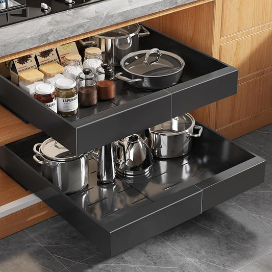 Seinloes 2Pack Expandable Pull Out Cabinet Organizer 21"Deep with Raising Pad for Framed Cabinets, Upgrade 3 Slide Rails Slide Out Drawers, Roll Out Shelves Adhesive,Adjustable Width 12.05"-20.4"Black by Seinloes