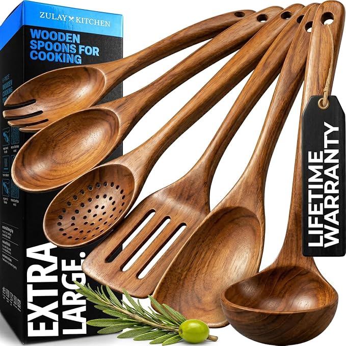 Zulay Kitchen Extra-Large 6-Piece Wooden Spoon Set - Smooth Teak Cooking Utensils - Comfort-Grip Non-Stick Turner, Spatula, Skimmer, Fork, Serving Spoon by ZulayKitchen