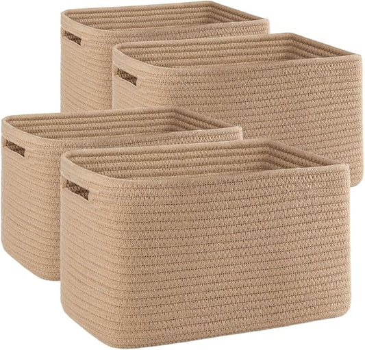 OIAHOMY 4 Pack Storage Baskets for Organizing, Cube Storage Bins for Shelves, Rectangle Storage Baskets With Handles, Woven Baskets for Storage, 12.7''Lx9''Wx7.8''H, Yellow by MasterofSpaceOptimization