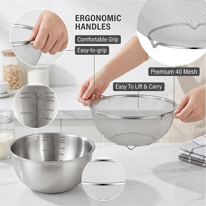 18/8 Stainless Steel Fine Mesh Colander Set, 3.5Qt | Includes 1 mixing bowl with built-in measurement marks and 1 fine 20-mesh strainer for rinsing, mixing, and draining. - Image 3