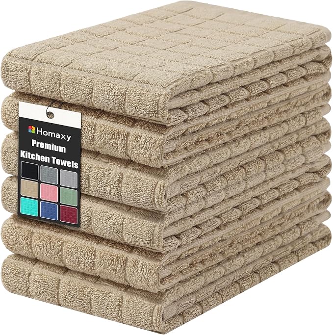Homaxy Premium Ring Spun Cotton 390 GSM Kitchen Towels, 6 Pack, Tan | 16" x 28" Large Dish Towels, Super Absorbent Terry Hand Towels, Soft Tea Towels with Hanging Loop by Homaxy