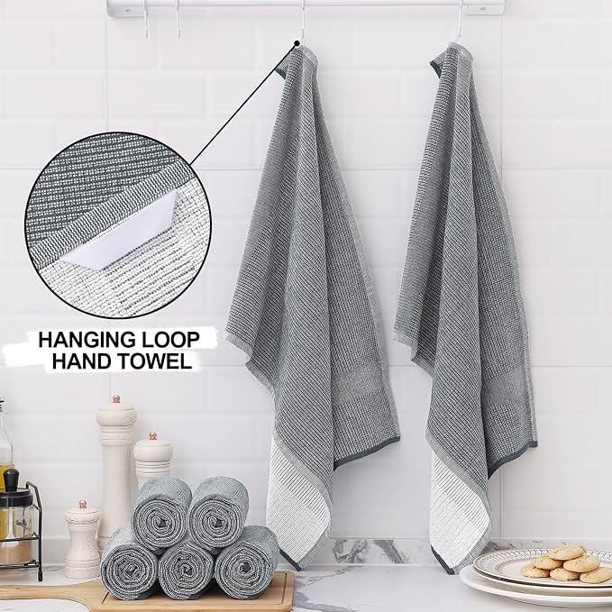 Homaxy 380 GSM Cotton Premium Kitchen Towels 8 Pack, 18"x 28", Grey | Flat and Terry Dish Towels, Highly Absorbent Tea Towel Set with Hanging Loop, Soft Utility Kitchen Hand Towels - Image 3