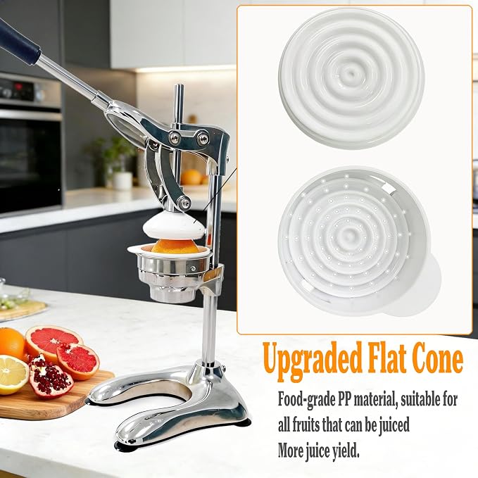 2IN1 Cast Aluminum Manual Citrus Juicer Hand Press,Upgraded of Iron,Funnel Cone in 304 Stainless Steel,H 17.72inch,Orange Lemon Pomegranate Squeezer Machine Heavy Duty,Electroplate Surface(Silver) - Image 2