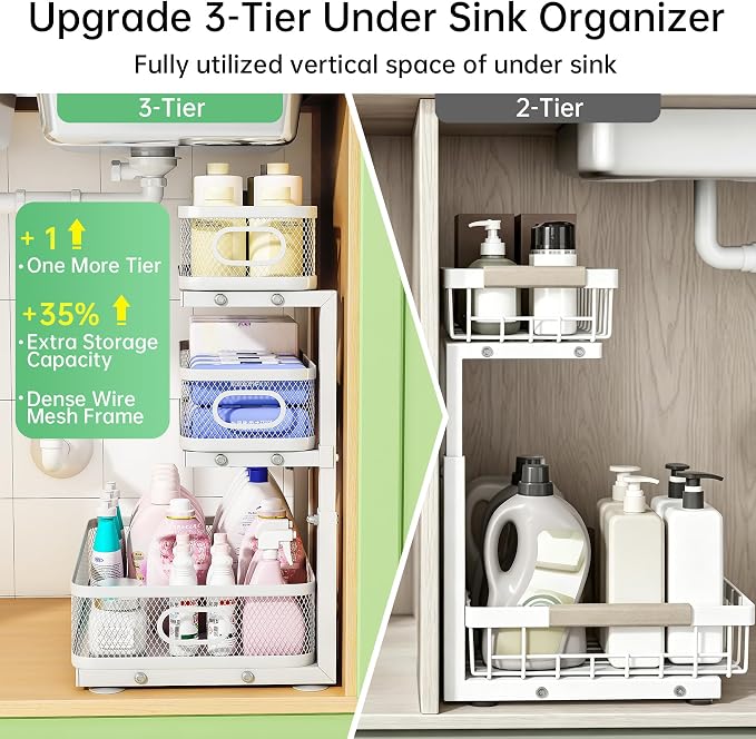 3-Tier Under Sink Organizer, Pull Out Cabinet Organizer for Kitchen & Bath | Height Adjustable, Heavy Duty Carbon Steel Holds 60 lbs, Rust-Proof Fits Kitchen Cabinet, Bathroom, Pantry & Laundry - Image 4