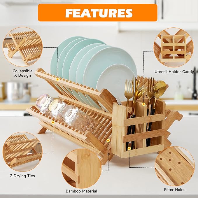 Bamboo Dish Drying Rack, 3-Tier Collapsible Wooden Dish Rack with Utensil Holder, Bamboo Dish Drainer Rack for Kitchen Counter 25pcs - Image 2